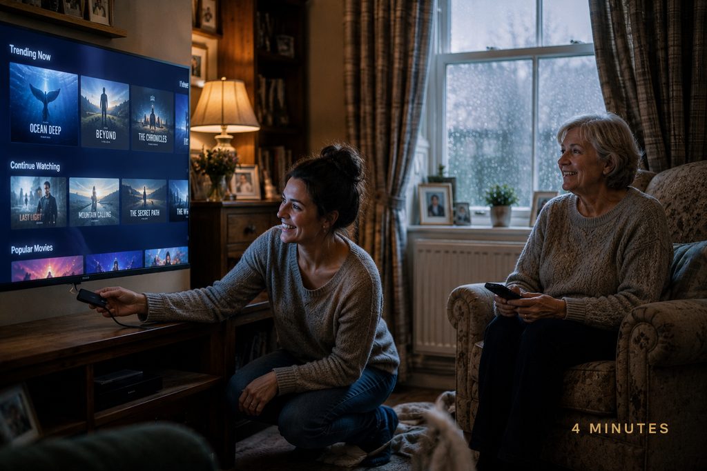 IPTV for Firestick set up in a British sitting room, two women browsing the new channel grid together