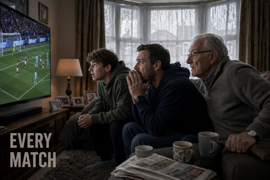 IPTV for football in a British living room, three generations watching a tense live match together