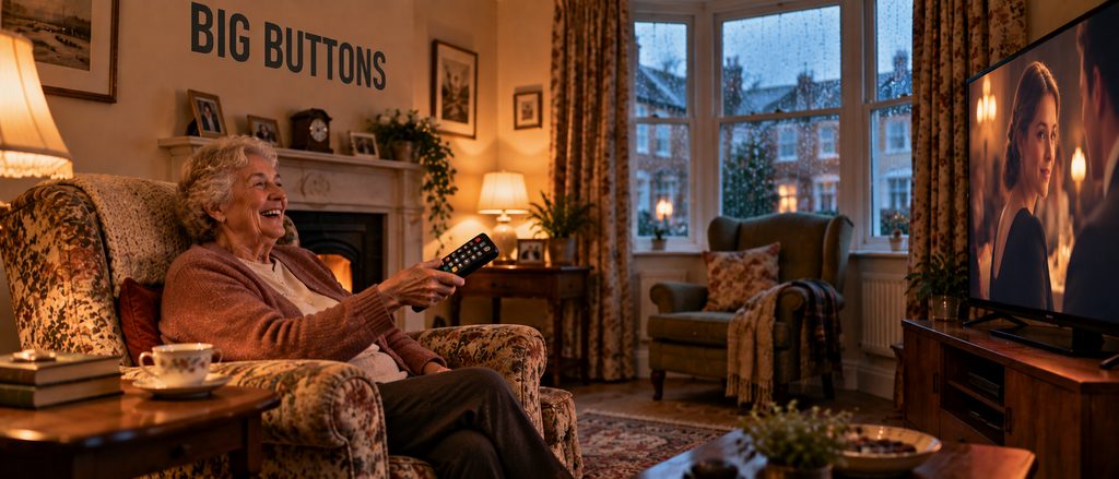 IPTV for seniors in the UK — a woman in her seventies using a large-button remote confidently in her sitting room