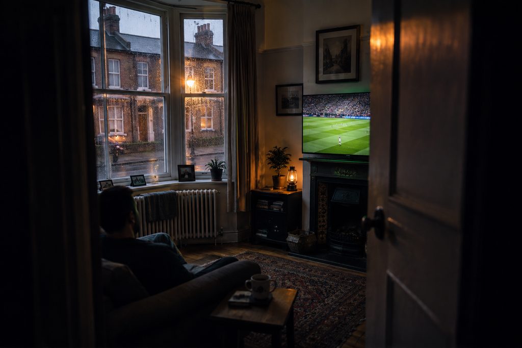 IPTV UK guide illustrated by a man watching live football in a Victorian terrace sitting room on a rainy evening