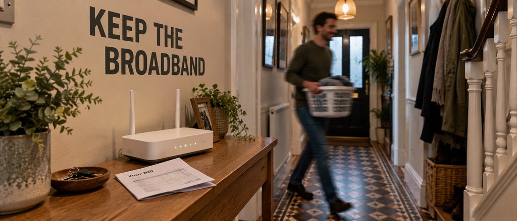 IPTV vs BT TV — a broadband router and a bundled bill on a British hallway table as the household carries on around it