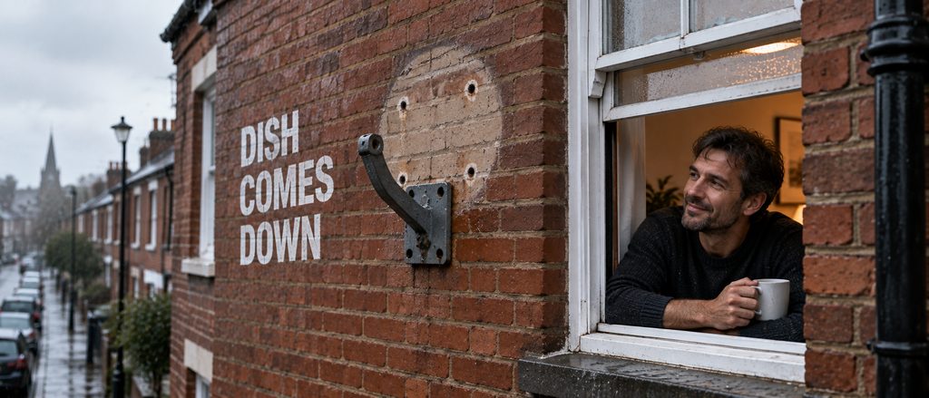 IPTV vs Sky TV — an empty satellite dish bracket on a British terrace wall with the owner watching from the window above