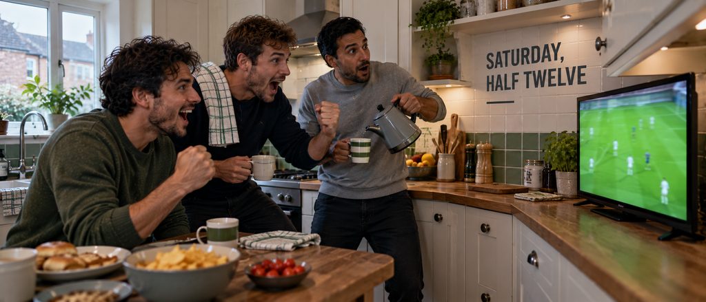 Premier League schedule 2026 where to watch — three friends reacting to a live match in a British kitchen at Saturday lunchtime