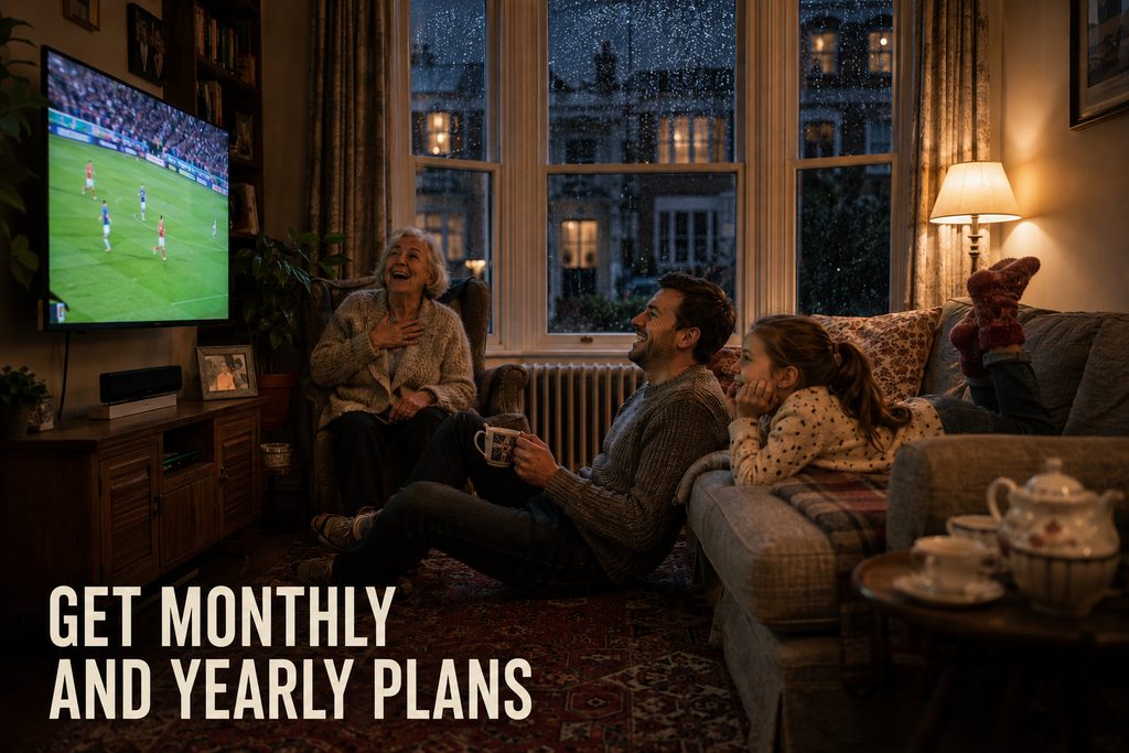 IPTV pricing for UK households shown alongside three generations watching live football in a British sitting room