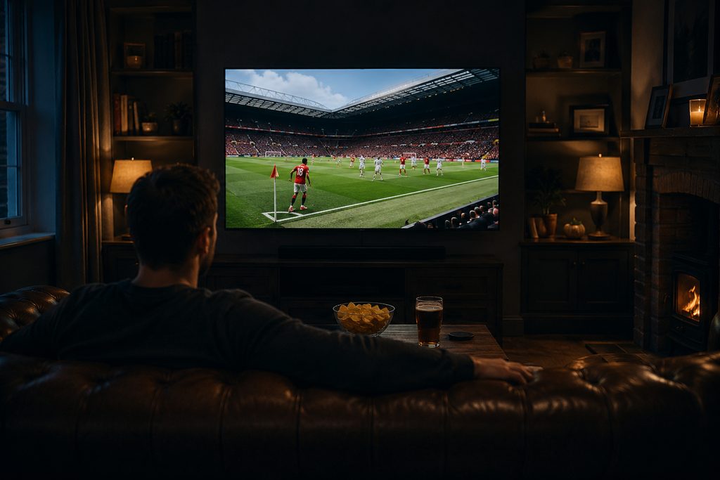 Man watching live football on a big-screen telly with a UK IPTV service
