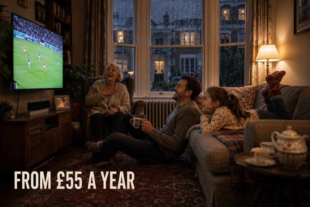 IPTV services in the UK from &pound;55 a year, a British family watching live football together in a terrace sitting room