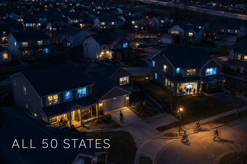 IPTV USA guide illustrated by an American neighborhood at night with lit windows across every street