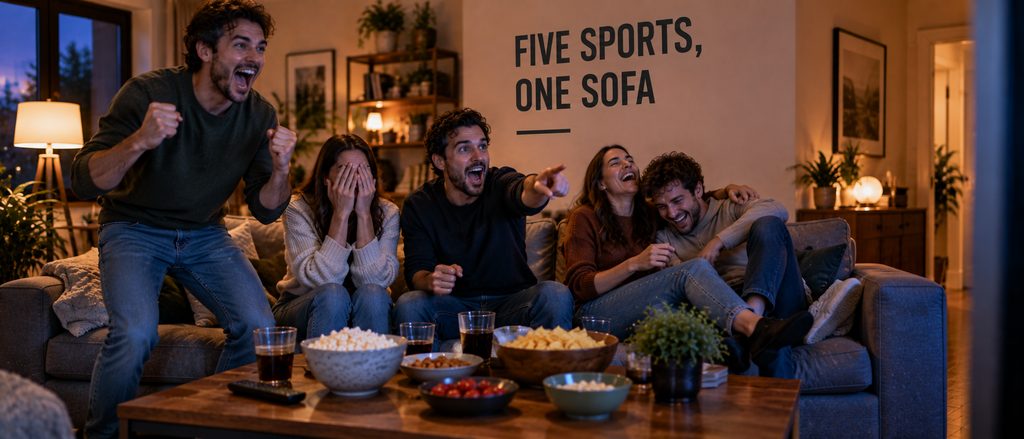 US sports on one subscription — five friends on a single sofa reacting five different ways to the same live game