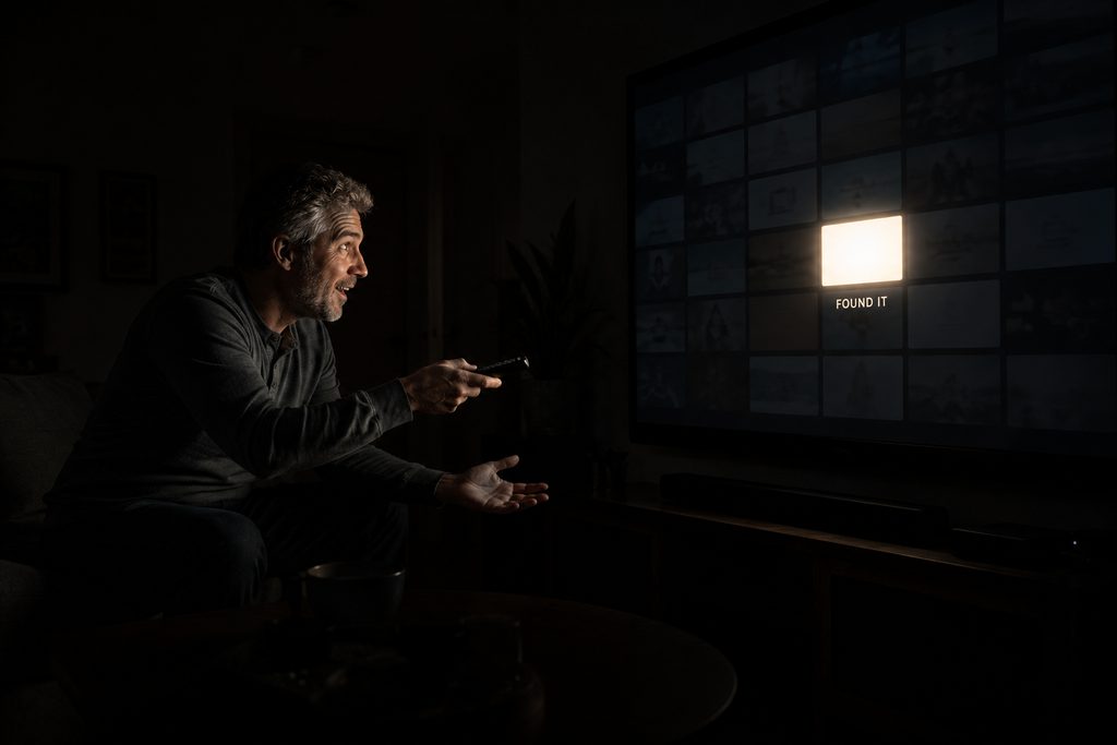 What IPTV services serve ION Plus, a man finding the channel highlighted on a large on-screen channel grid