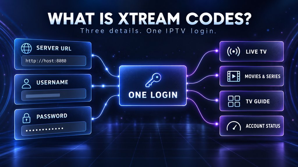 Diagram of an Xtream Codes login: server URL, username and password combine into one login that loads live TV, movies and series, the TV guide and account status