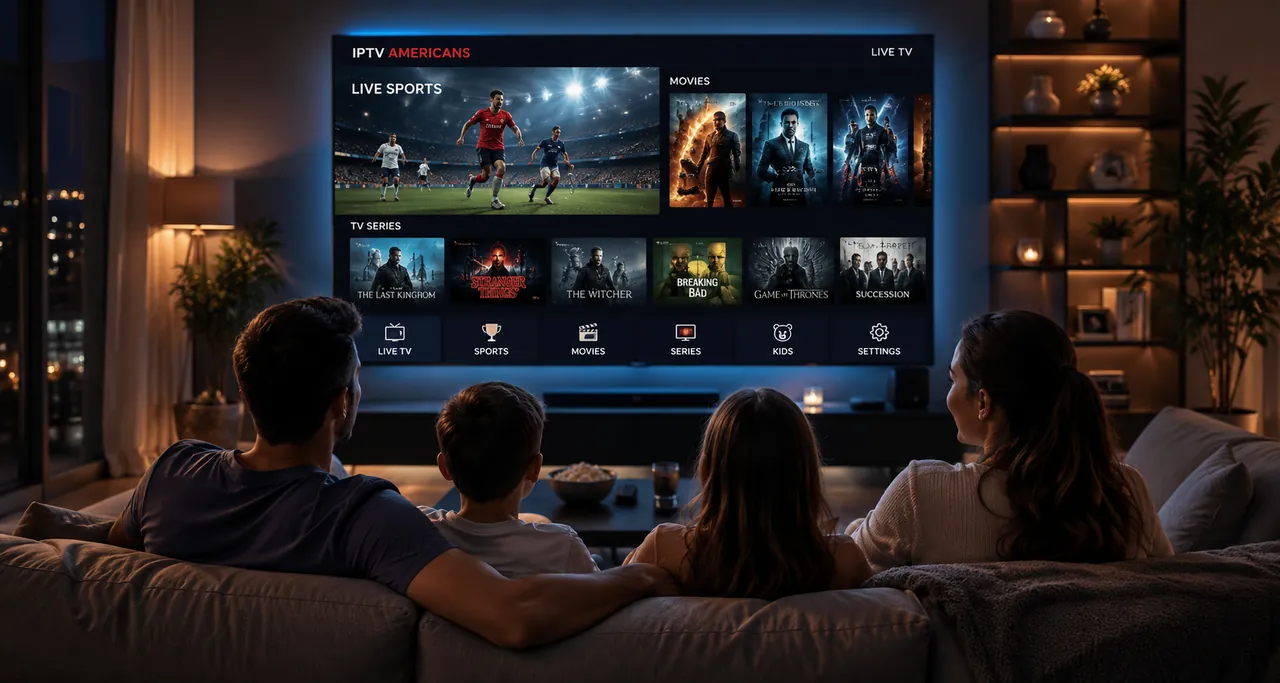 Premium 4K IPTV service: family streaming 59,000+ live channels including NFL, NBA, MLB, hockey on a modern smart TV with no buffering