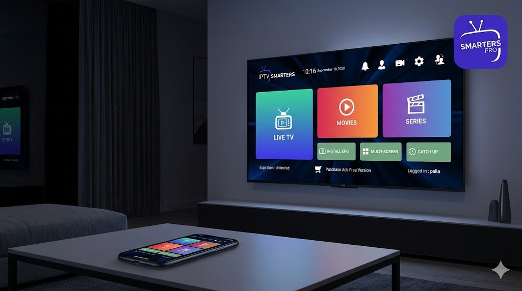 IPTV Smarters Pro Québec 2026 — lecteur IPTV gratuit sur téléviseur intelligent dans un salon québécois, avec la même application sur iPhone