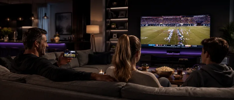 A family watching a live football game on a living-room TV while one viewer follows the same game on a phone