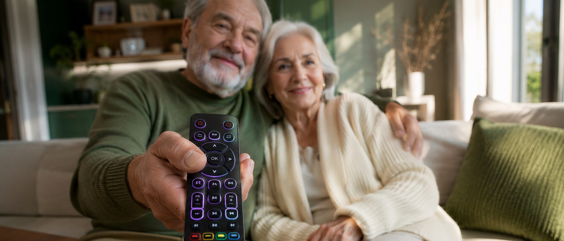 A retired American couple in their living room holding a MAG322 IPTV remote — IPTV Americans pricing 2026, $29 for 1 month or $140 for 12 months on 3 devices, simple senior-friendly setup, 7-day refund